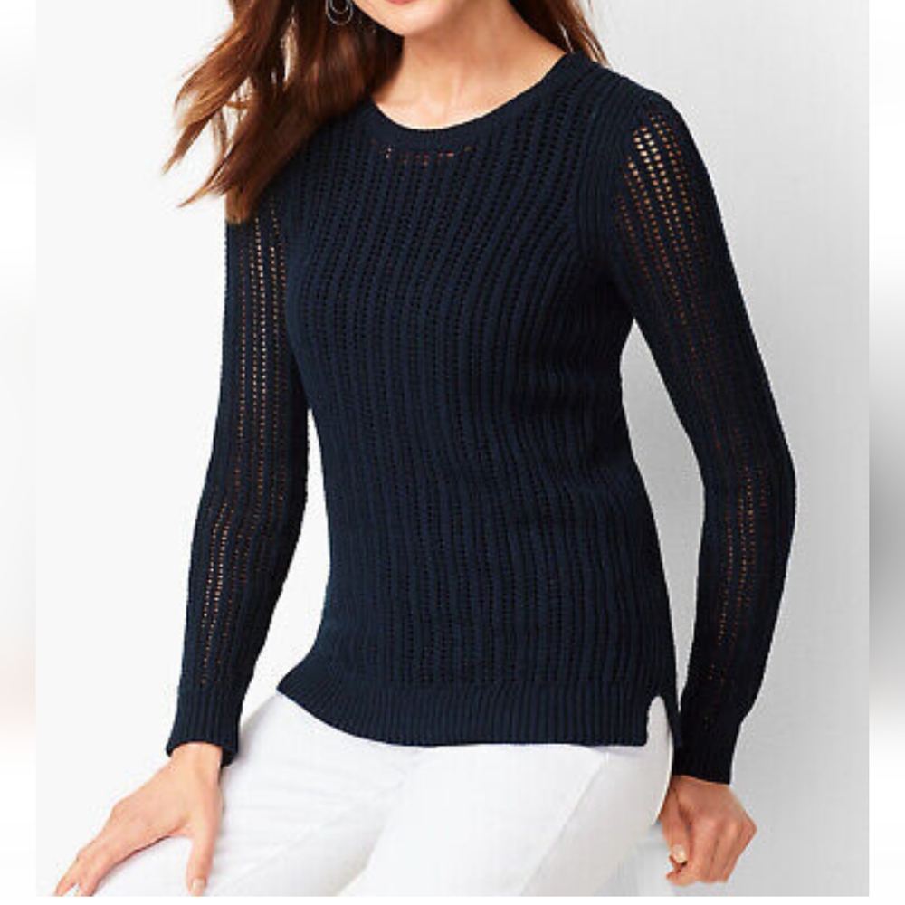 Talbots Sweater NEW Open-Stitch Navy Large 12-14 100% Cotton